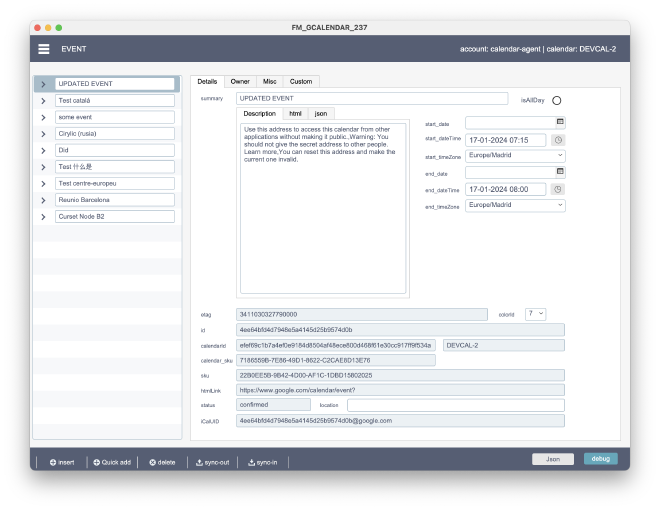 FM GCalendar — Events table