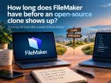 Two laptops at a crossroads — one showing the FileMaker logo, the other running Rust code — beside a signpost pointing toward Claris and Open Source