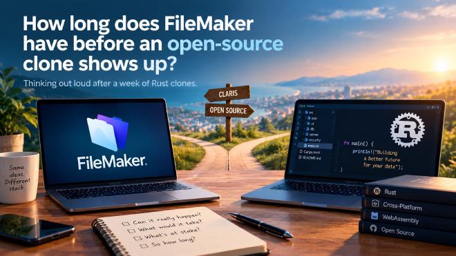 Two laptops at a crossroads — one showing the FileMaker logo, the other running Rust code — beside a signpost pointing toward Claris and Open Source