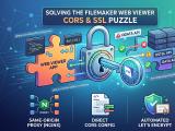 Illustration of a FileMaker Web Viewer app puzzle piece locking into a padlock — the three solutions (same-origin nginx proxy, direct CORS config, automated Let's Encrypt) unblocking OData and Data API fetch() calls